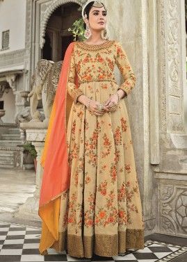 Beige Art Silk Embroidered Slit Style Pant Suit