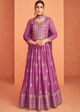 Purple Anarkali Embroidered Salwar Suit With Dupatta