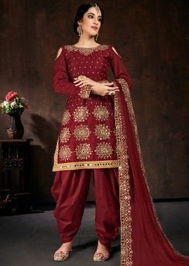 Maroon Embroidered Punjabi Suit In Cotton Silk