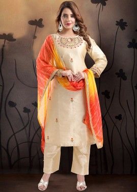 Readymade Beige Embroidered Pant Salwar Suit