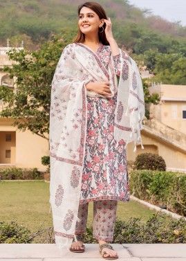 White Floral Block Printed Readymade Suit