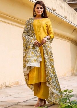 Yellow Readymade Chanderi Pant Style Suit