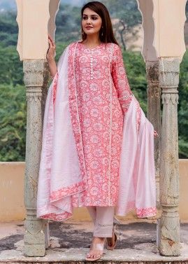 Peach Floral Printed Readymade Suit