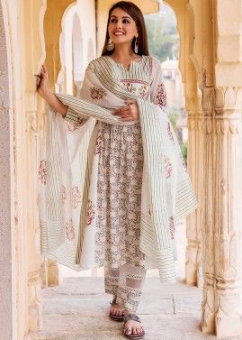 White Readymade Floral Printed Cotton Suit