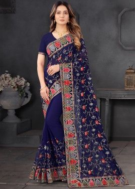 Georgette Navy Blue Embroidered Heavy Border Saree
