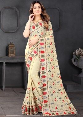 Beige Georgette Heavy Border Saree With Blouse