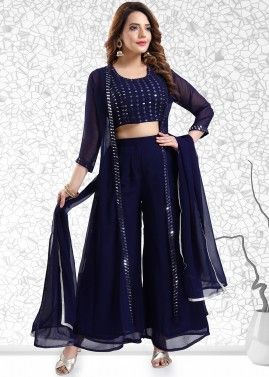 Readymade Blue Palazzo Suit With Georgette Jacket