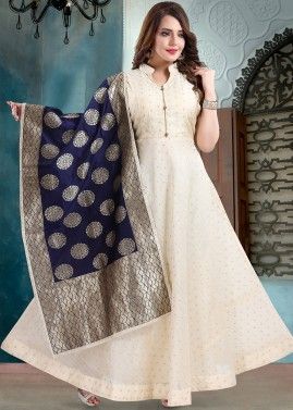 Readymade Off White Chanderi Suit With Brocade Dupatta