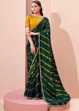 Stone Embellished Green Saree With Silk Blouse