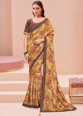 Golden Georgette Saree With Floral Print