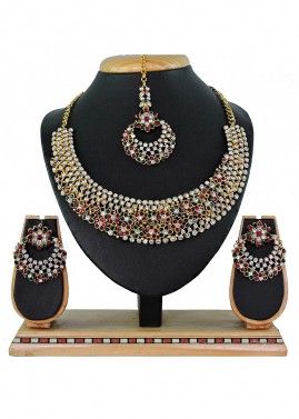 Stone Studded Maroon & Green Necklace Set