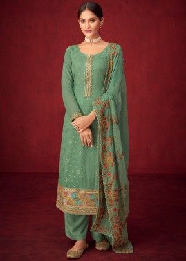 Green Georgette Palazzo Suit With Floral Dupatta