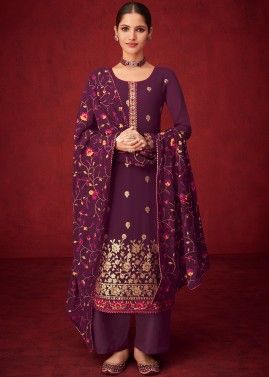 Purple Floral Embroidered Palazzo Suit In Georgette