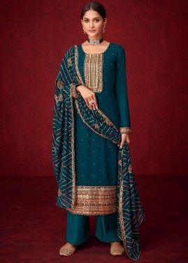 Green Georgette Palazzo Suit With Sequins Work