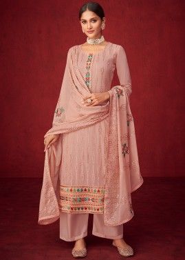 Pink Georgette Palazzo Suit With Sequined Dupatta