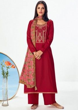 Maroon Embroidered Palazzo Suit With Dupatta