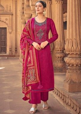 Magenta Pant Suit With Heavy Embroidered Yoke