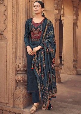 Blue Embroidered Cotton Kameez With Pants