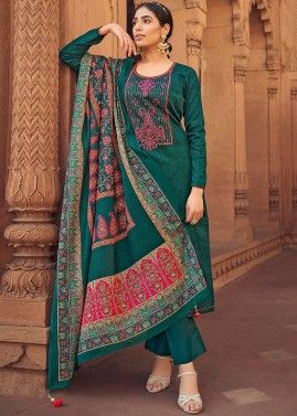 Green Embroidered Cotton Suit In Straight Cut