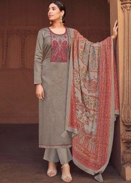 Heavy Yoke Embroidered Pant Suit In Grey