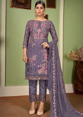 Purple Floral Embroidered Georgette Kameez With Pants
