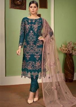 Green Georgette Pant Suit With Floral Embroidery