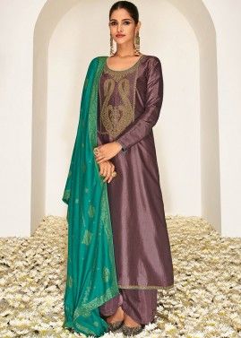 Purple Pakistani Embroidered Suit With Palazzo