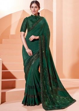 Sequins Embellished Heavy Pallu Green Lycra Saree 