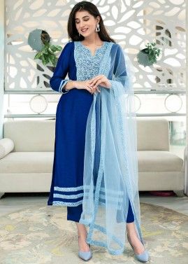 Readymade Blue Embroidered Chanderi Pant Suit