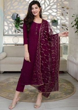Readymade Magenta Pant Style Suit In Cotton