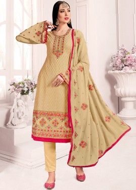 Beige Heavy Border Embroidered Suit In Georgette