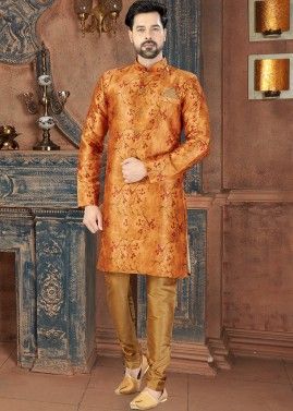 Orange Digital Floral Printed Sherwani Churidar Set