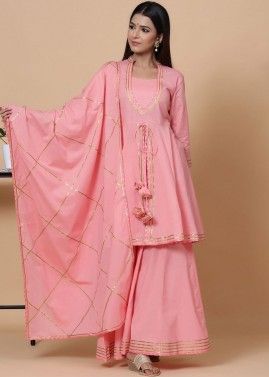 Pink Gota Work Readymade Sharara Suit In Cotton