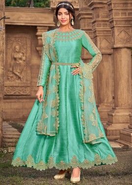 Green Anarkali Embroidered Suit With Net Dupatta