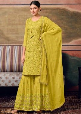 Yellow Embroidered Georgette Sharara Style Suit