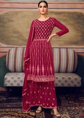 Maroon Embroidered Sharara Suit With Dupatta