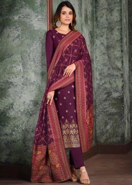 Stone Embellished Purple Pant Style Suit In Silk