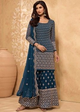 Blue Embroidered Georgette Sharara Style Suit