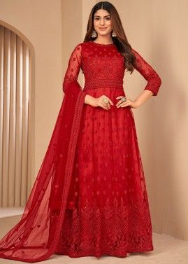 Red Embroidered Abaya Style Anarkali Suit