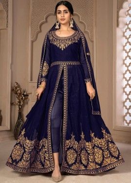 Embroidered Slit Style Georgette Suit In Navy Blue