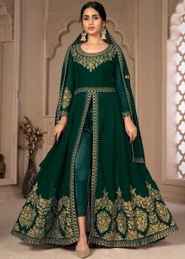 Green Slit Style Embroidered Pant Suit