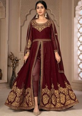 Embroidered Maroon Georgette  Slit Style Pant Suit