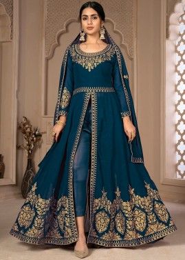 Blue Georgette Embroidered Slit Style Pant Suit