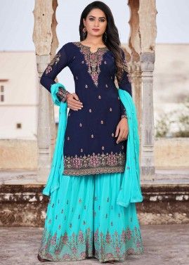 Navy Blue Embroidered Sharara Suit Set