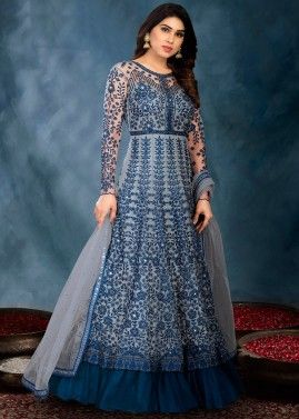 Blue Embroidered Bridesmaid Anarkali Style Suit