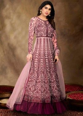 Pink Embroidered Anarakli Style Suit Set