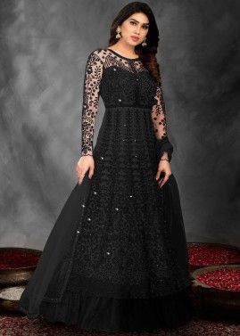 Black Embroidered Abaya Style Anarkali Suit