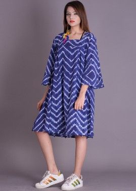 Blue Printed Readymade Flared Dress