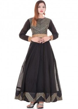 Black Chanderi Flared Indo Western Dress