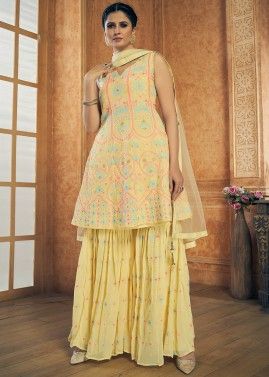 Yellow Readymade Embroidered Festive Gharara Suit